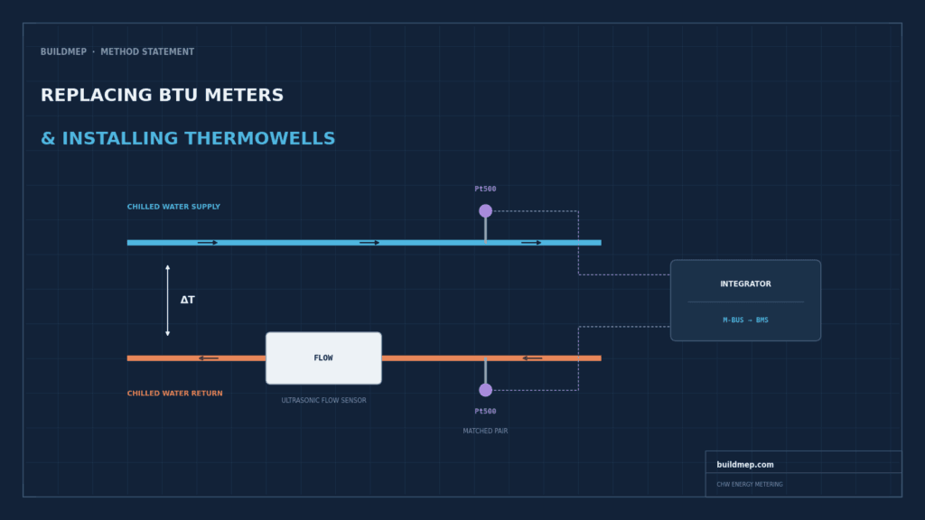 Schematic of a chilled water BTU meter installation showing supply and return pipes, ultrasonic flow sensor, Pt500 thermowell sensor pair, integrator and M-Bus connection to the BMS