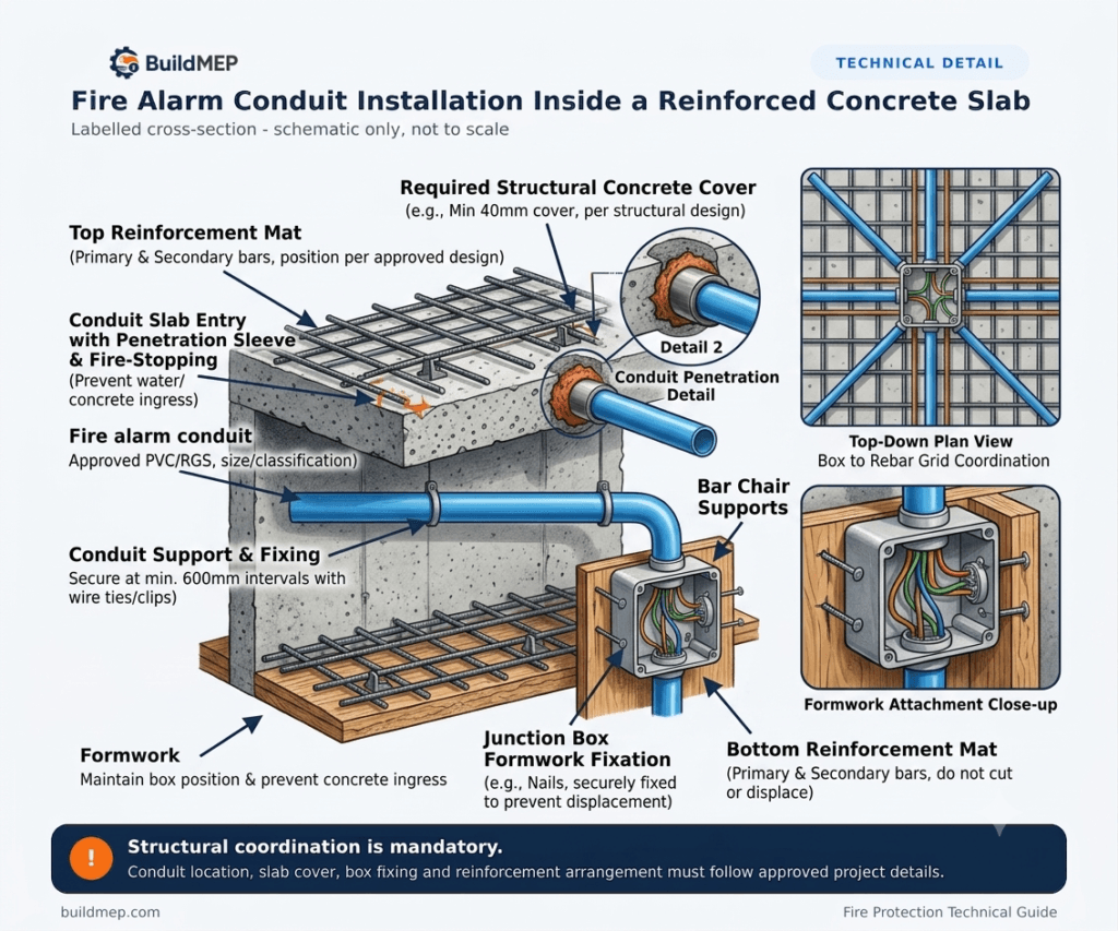 Fire alarm conduit installation inside a reinforced concrete slab