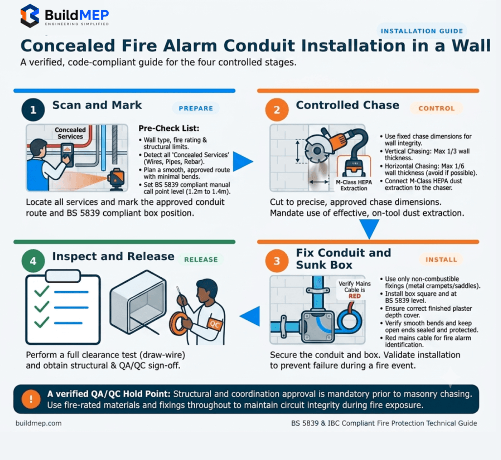 Concealed fire alarm conduit installation sequence in a wall