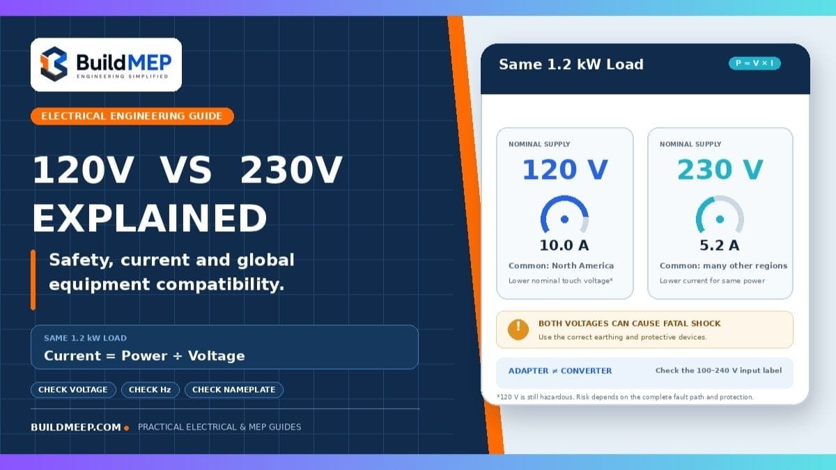 Comparison of 120V and 230V electrical systems showing current demand, safety considerations and equipment compatibility.