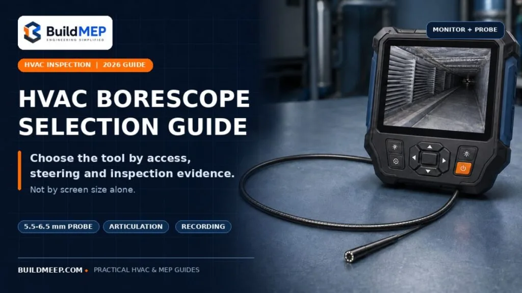 HVAC borescope with a handheld monitor, connected flexible probe and inspection camera head.