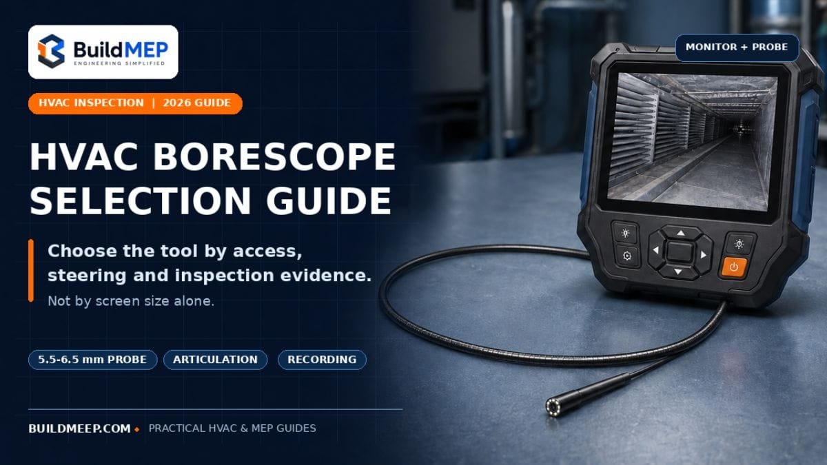 HVAC borescope with a handheld monitor, connected flexible probe and inspection camera head.