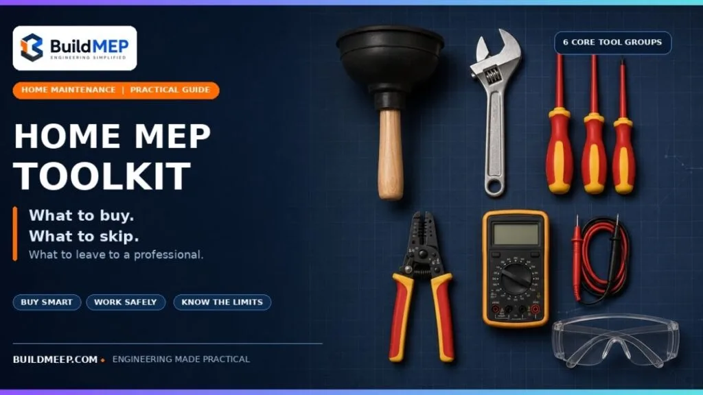 Home MEP toolkit with a plunger, adjustable wrench, insulated screwdrivers, wire-stripping pliers, multimeter and safety goggles.