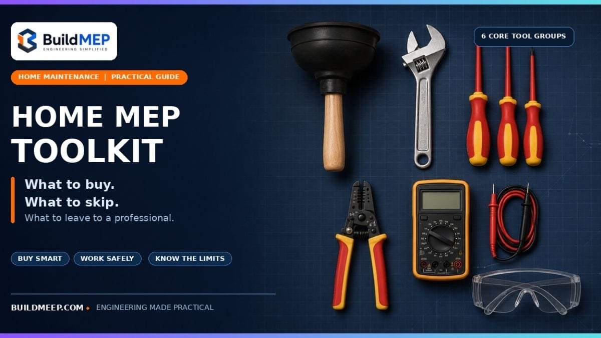 Home MEP toolkit with a plunger, adjustable wrench, insulated screwdrivers, wire-stripping pliers, multimeter and safety goggles.