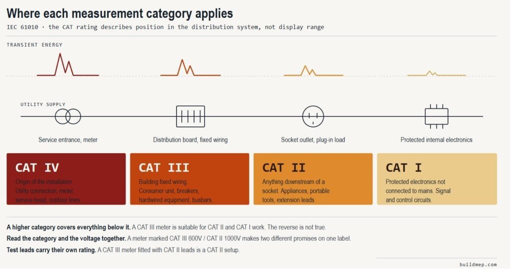 Diagram showing where multimeter measurement categories apply in a building electrical installation: CAT IV at the service entrance and meter, CAT III at the distribution board and fixed wiring, CAT II at socket outlets and plug-in loads, CAT I in protected internal electronics, with transient energy decreasing away from the supply.