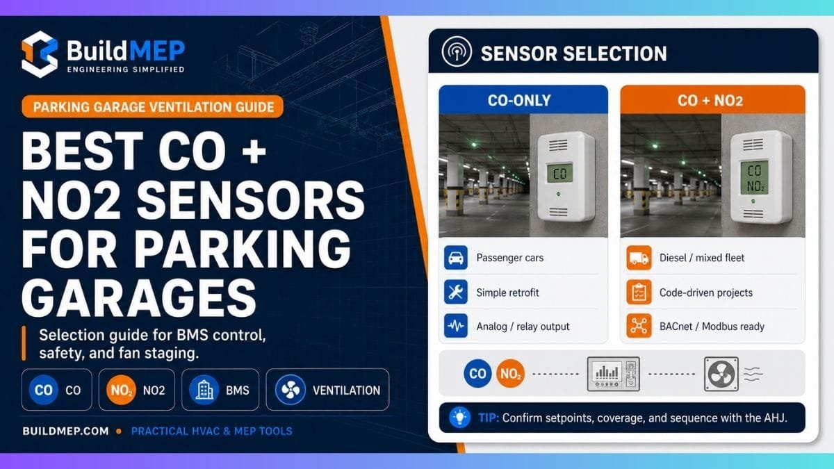 BuildMEP guide thumbnail for parking garage CO and NO2 sensor selection with BMS