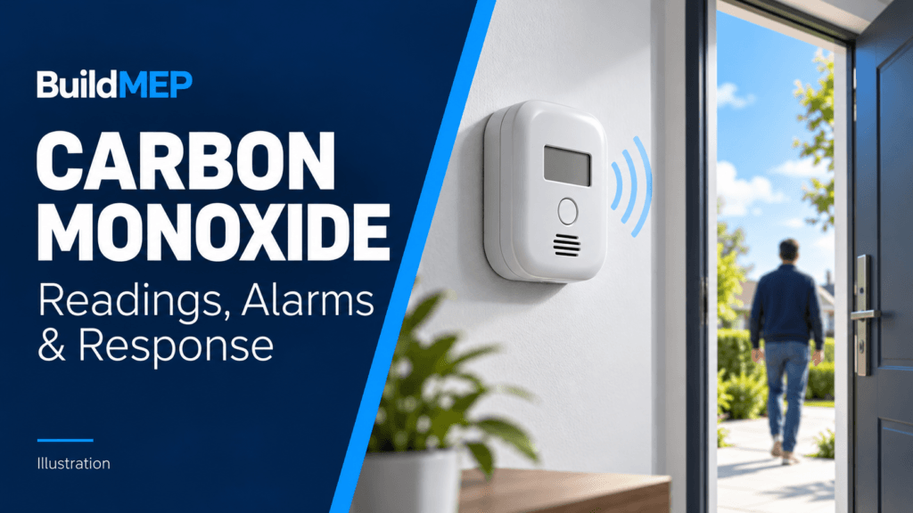Illustration for BuildMEP’s carbon monoxide guide: a generic CO alarm beside an open doorway with a person outside.