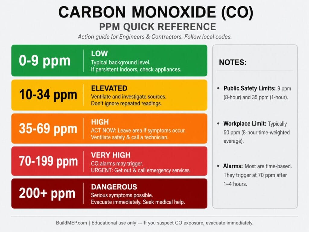 Carbon monoxide ppm quick reference chart with safety levels, alarm guidance and action notes for engineers and contractors.