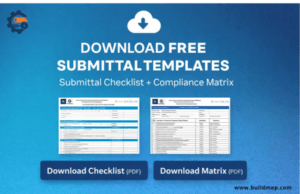Download free submittal templates graphic featuring a submittal checklist and compliance matrix PDF download buttons for BuildMEP resources.