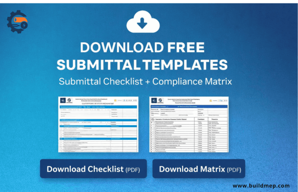 Download free submittal templates graphic featuring a submittal checklist and compliance matrix PDF download buttons for BuildMEP resources.