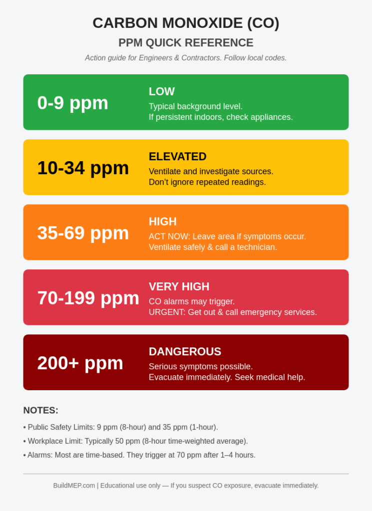 Carbon monoxide exposure limits table comparing EPA, WHO, OSHA, and NIOSH ppm guidelines