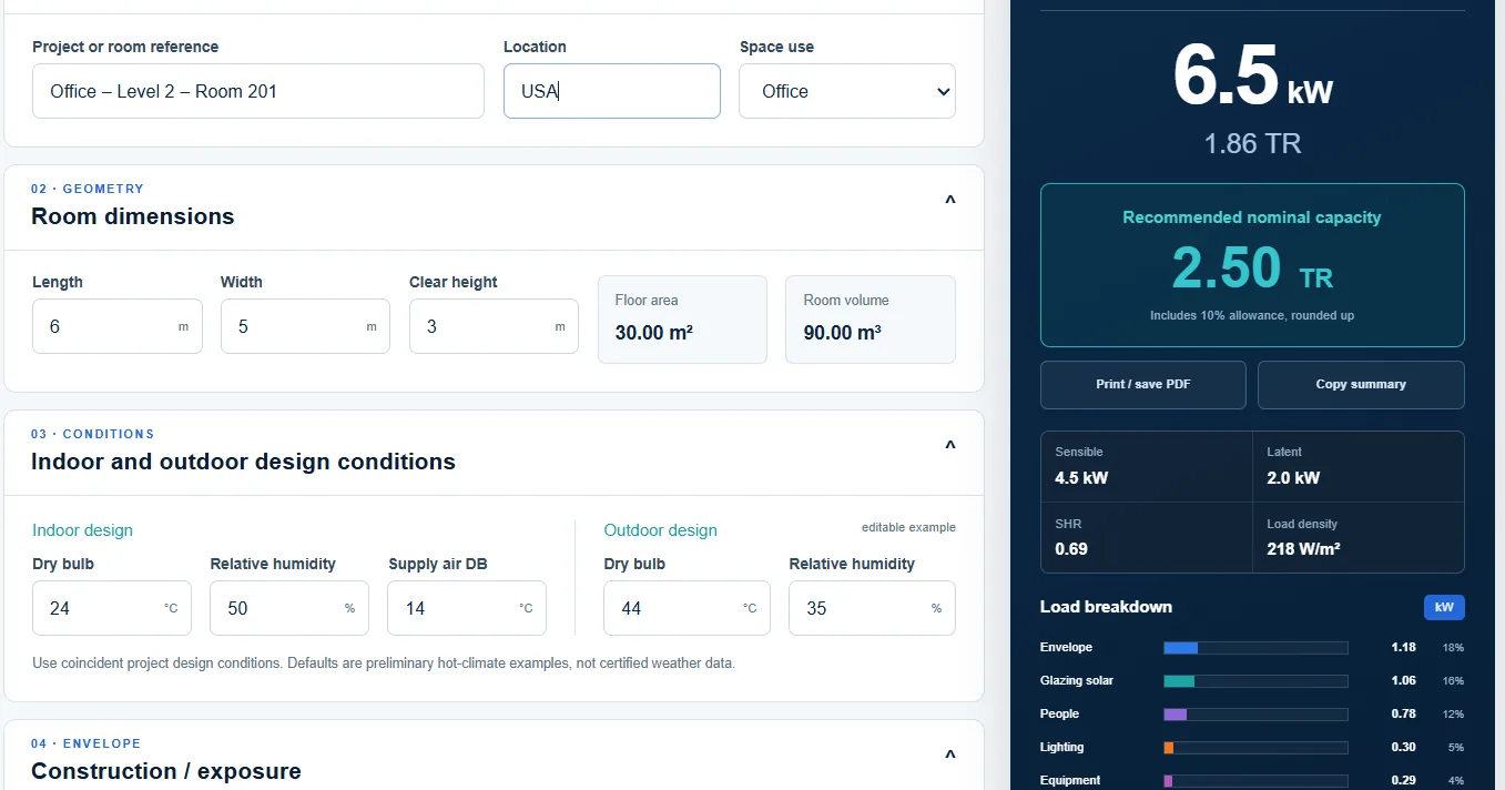 BuildMEP HVAC Heat Load Calculator dashboard