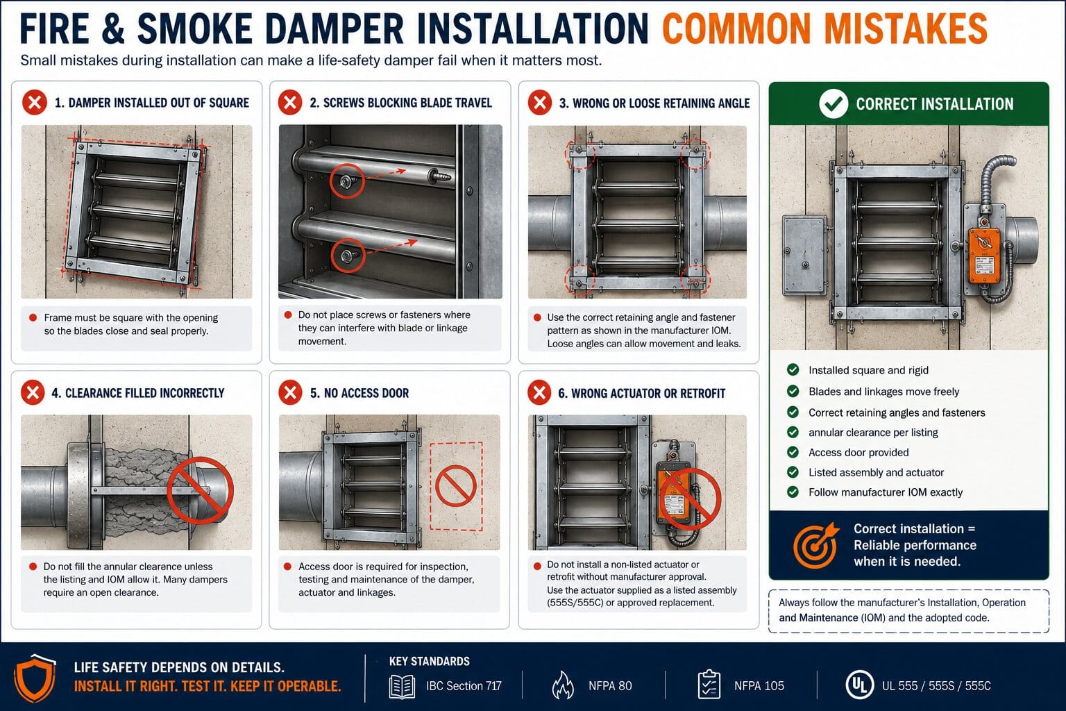 Common fire and smoke damper installation mistakes showing out-of-square installation, blocked blade travel, incorrect retaining angles, filled clearance, missing access door and wrong actuator.