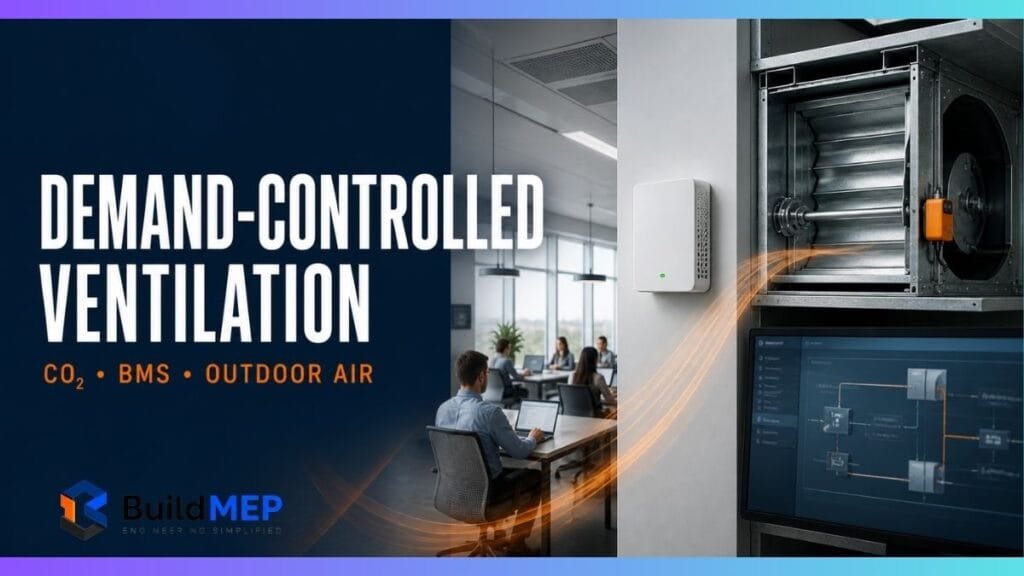 Demand-controlled ventilation featured image showing a room CO₂ sensor, occupied office, BMS screen and AHU outdoor-air damper.