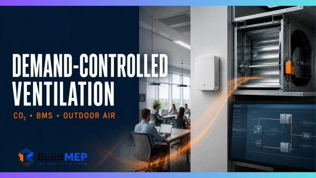 Demand-controlled ventilation featured image showing a room CO₂ sensor, occupied office, BMS screen and AHU outdoor-air damper.