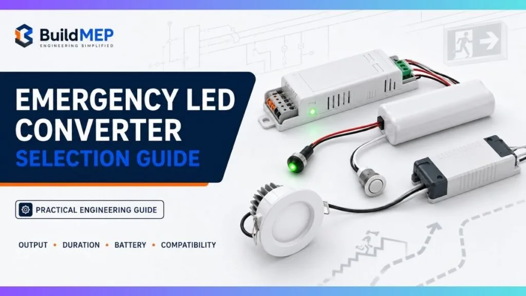 Emergency LED converter selection guide showing a converter module, battery, test switch, LED driver and downlight.
