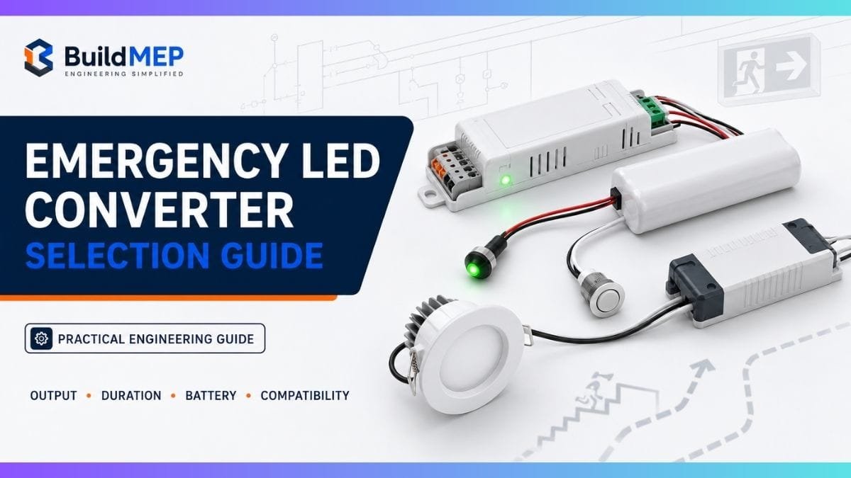 Emergency LED converter selection guide showing a converter module, battery, test switch, LED driver and downlight.