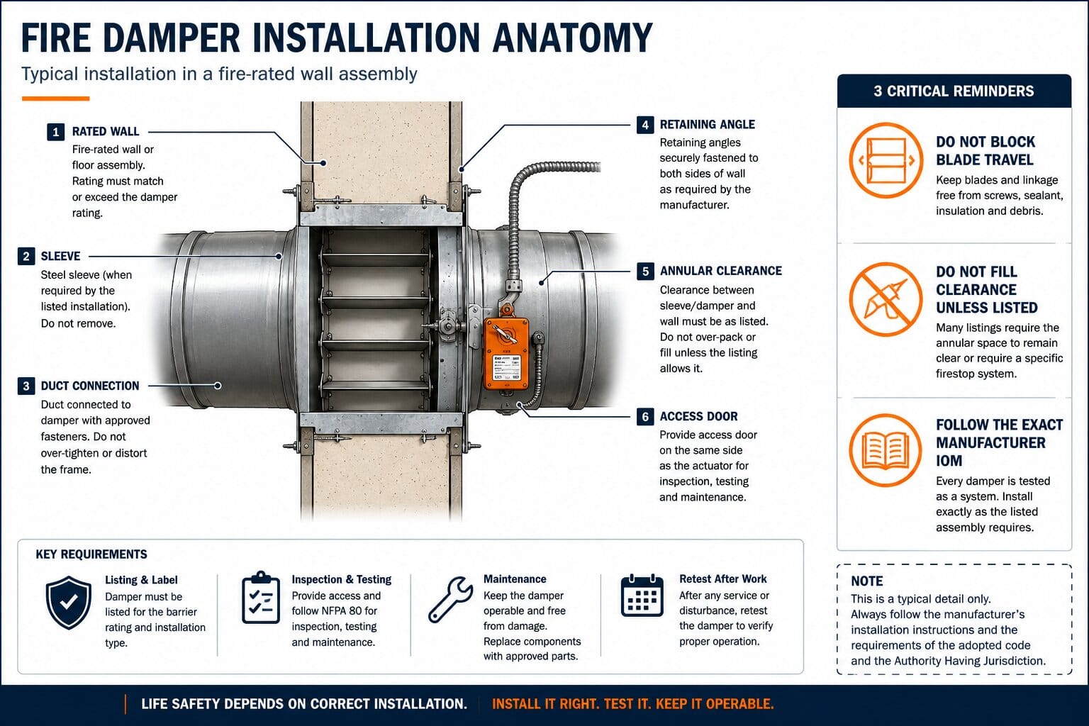 Fire damper installation anatomy showing rated wall, sleeve, duct connection, retaining angle, annular clearance, access door and key installation reminders.