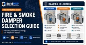Fire and smoke damper selection guide showing fire damper, smoke damper and combination fire smoke damper applications, ratings and inspection basics.