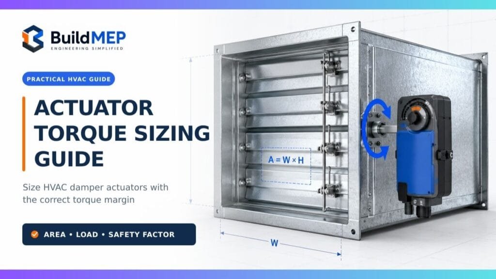 HVAC damper actuator torque sizing guide showing damper area, shaft torque and safety factor. Created with built-in image generation and finalized with controlled BuildMEP branding and typography.