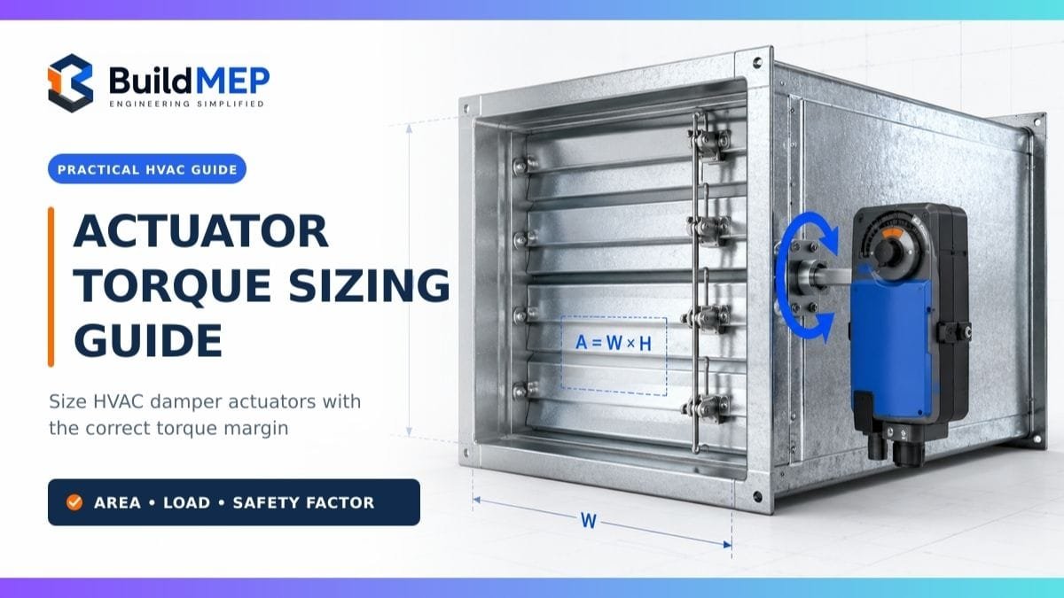 HVAC damper actuator torque sizing guide showing damper area, shaft torque and safety factor. Created with built-in image generation and finalized with controlled BuildMEP branding and typography.