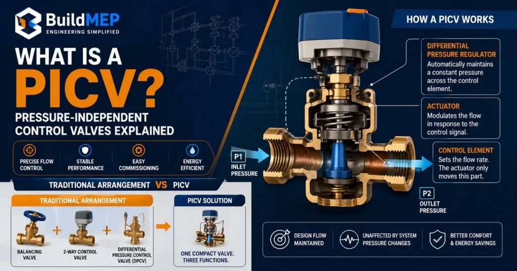 The traditional arrangement vs PICV diagram sits immediately after the section explaining what a PICV replaces, and the PICV working principle diagram sits right after the internal-working explanation.