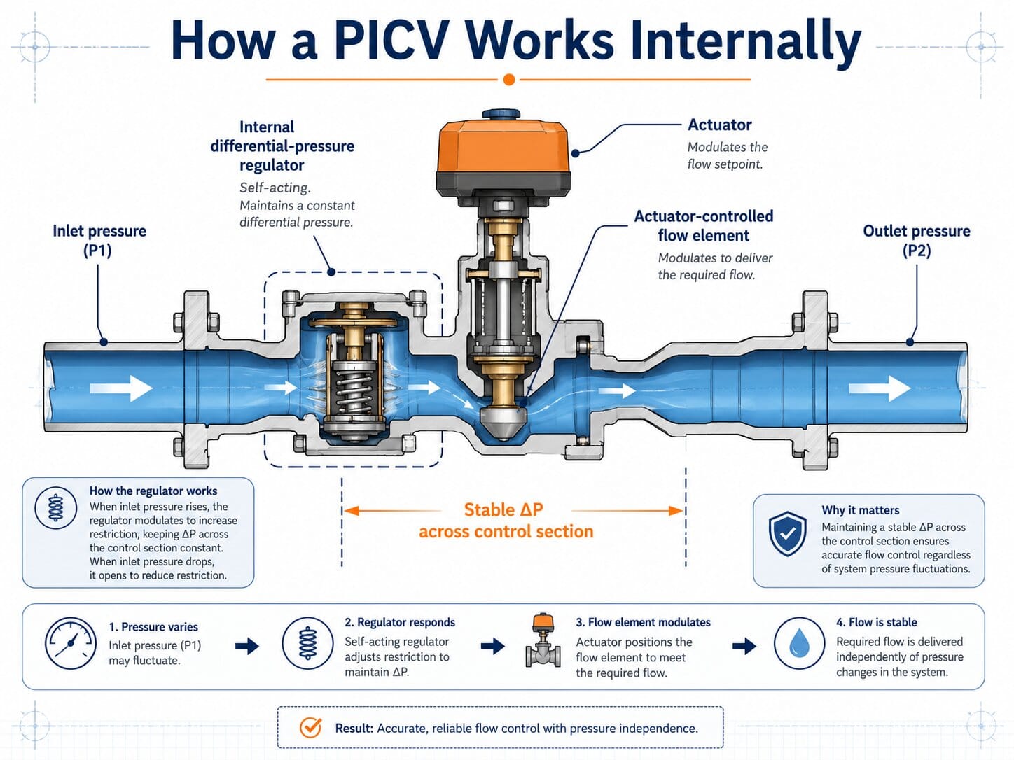 PICV working principle showing the internal differential pressure regulator, actuator-controlled flow element, inlet pressure and outlet pressure.