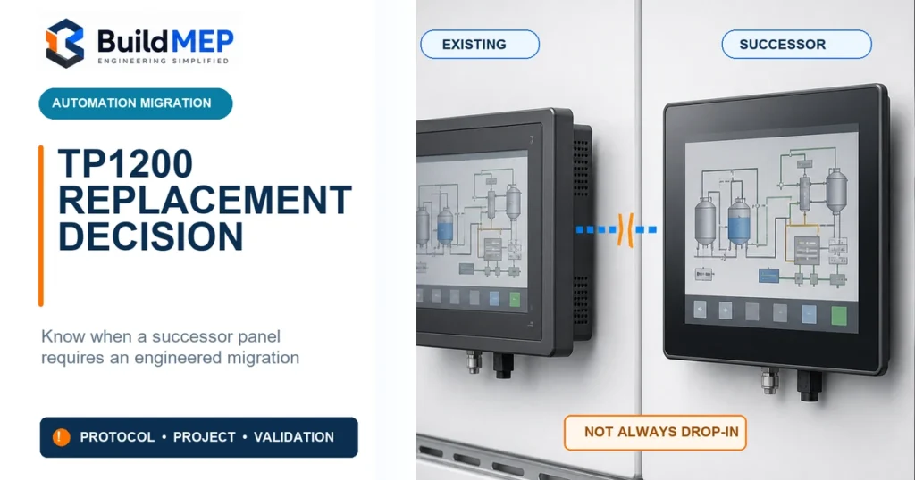 TP1200 replacement comparison showing an existing HMI and successor panel separated by a migration compatibility warning