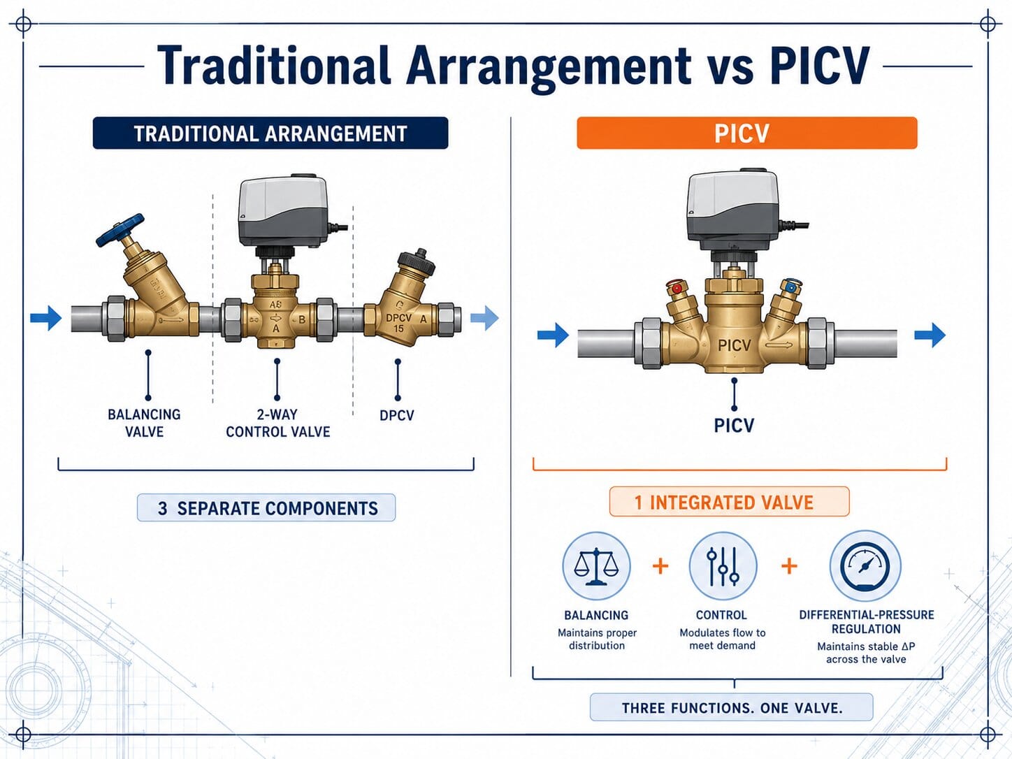 Traditional hydronic terminal arrangement with balancing valve, 2-way control valve and DPCV compared with a single pressure independent control valve.