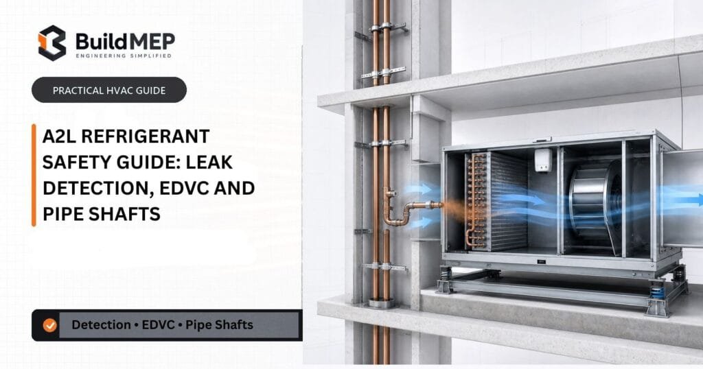 A2L refrigerant safety guide showing an indoor HVAC unit, leak detector, airflow and refrigerant pipe riser