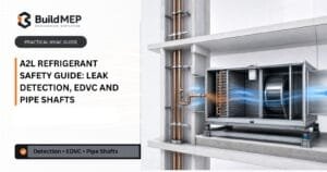 A2L refrigerant safety guide showing an indoor HVAC unit, leak detector, airflow and refrigerant pipe riser
