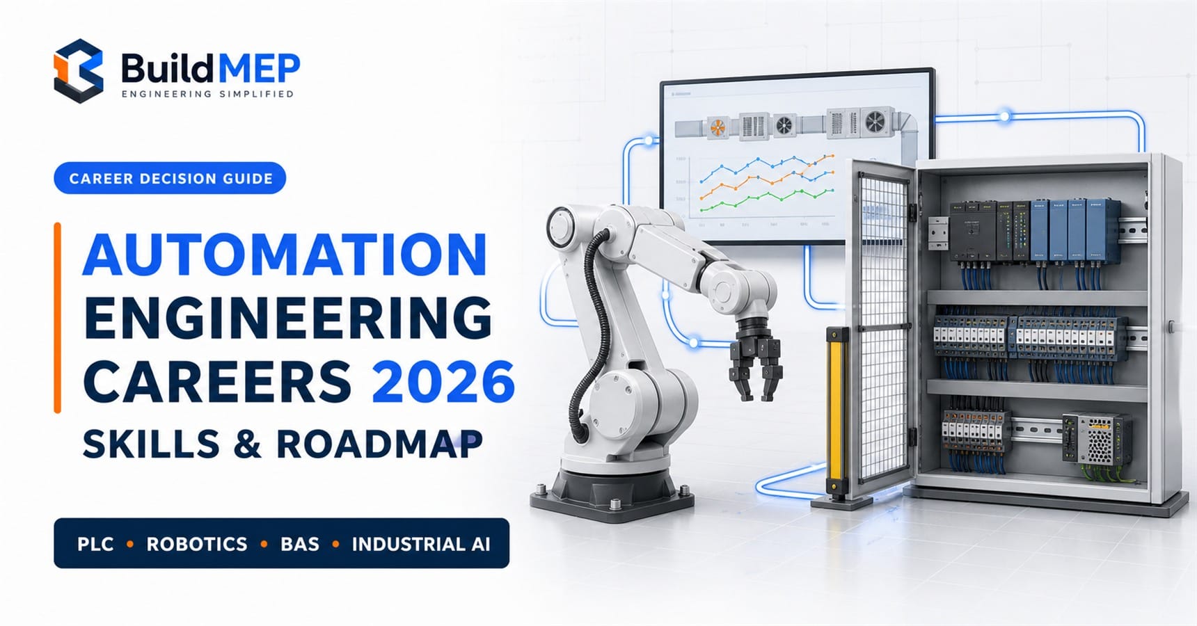 Automation engineering career paths represented by PLC controls, industrial robotics and building automation systems