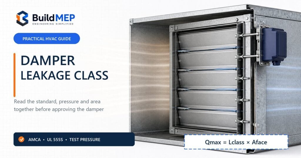 Closed HVAC damper illustrating leakage class, differential pressure and maximum airflow leakage through the blades.