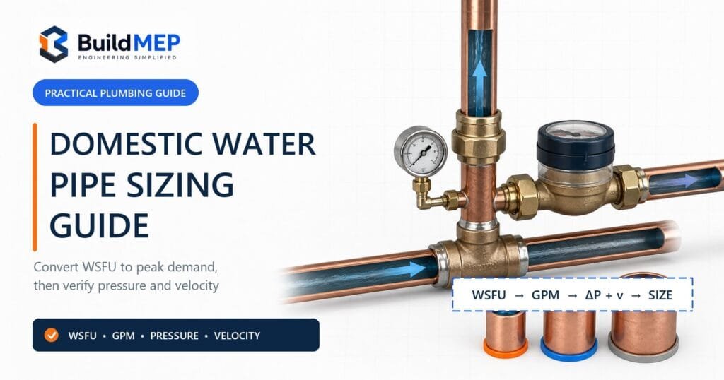 Domestic water pipe sizing guide showing a copper water main, riser, meter, pressure gauge and three trial pipe diameters