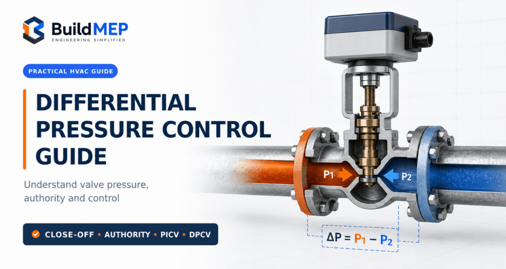 Differential pressure control guide showing a cutaway hydronic HVAC control valve between high- and low-pressure pipe sections.