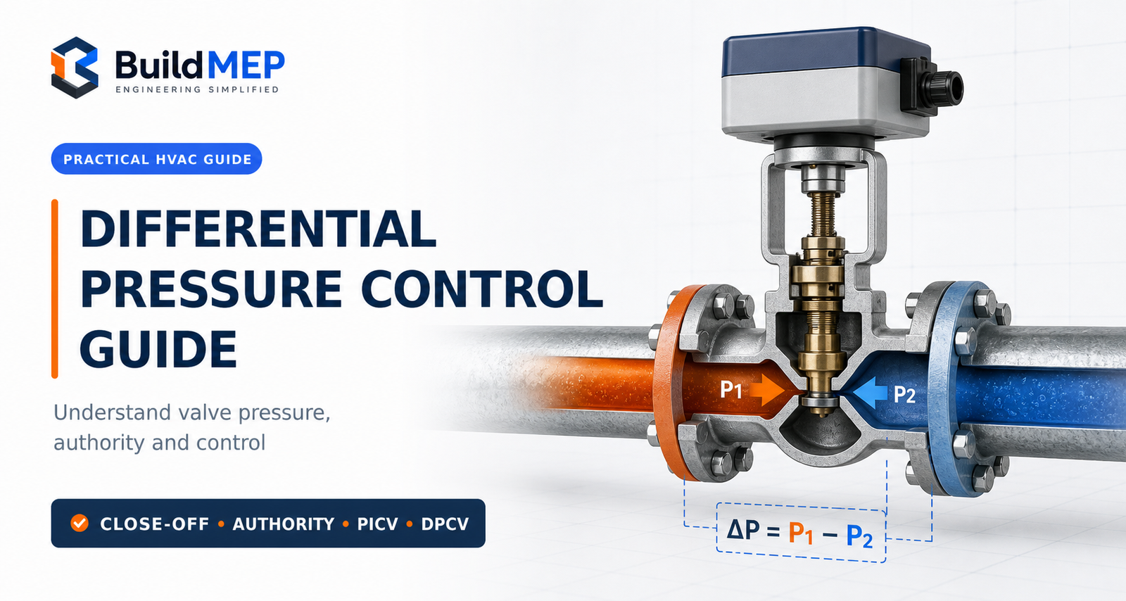 Differential pressure control guide showing a cutaway hydronic HVAC control valve between high- and low-pressure pipe sections.