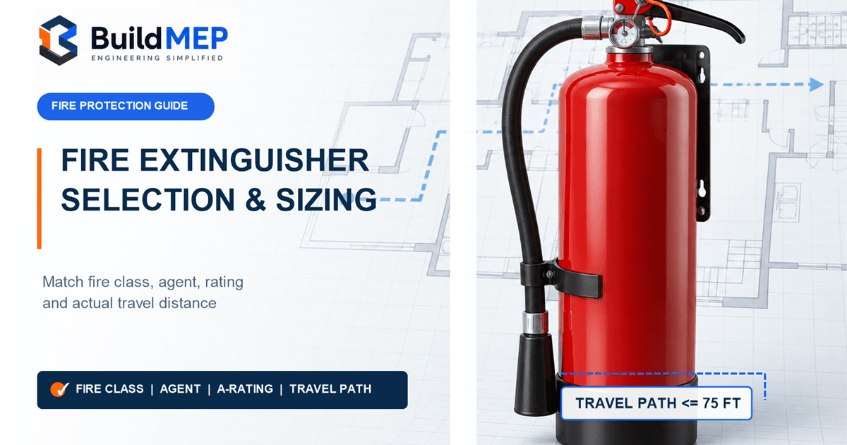 Portable fire extinguisher with a marked 75 ft travel path for fire class, agent and rating selection