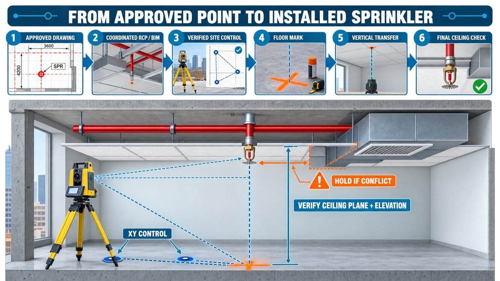 Fire sprinkler layout workflow showing approved drawing coordination, verified site control, floor marking, vertical transfer and final ceiling verification.