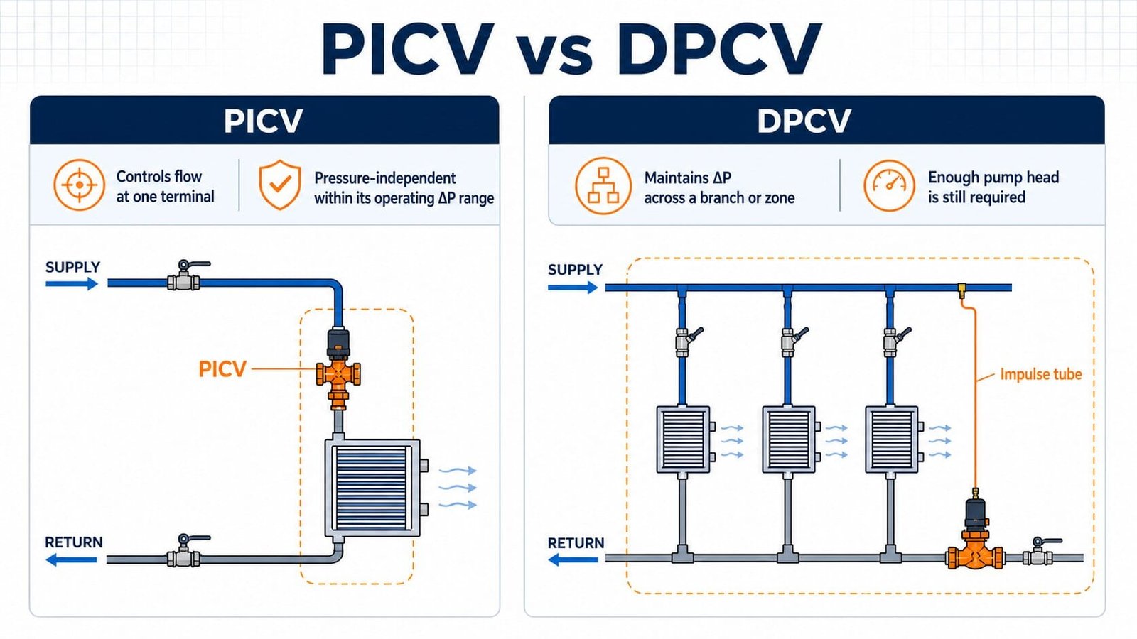 Hydronic schematic comparing a PICV controlling one coil with a DPCV maintaining differential pressure across a branch.