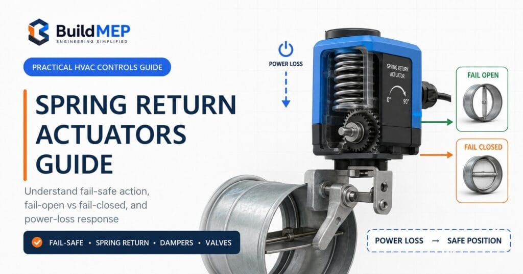 Spring return actuator guide showing fail-safe operation, power-loss response, fail-open and fail-closed damper positions in HVAC systems.