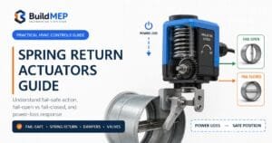 Spring return actuator guide showing fail-safe operation, power-loss response, fail-open and fail-closed damper positions in HVAC systems.