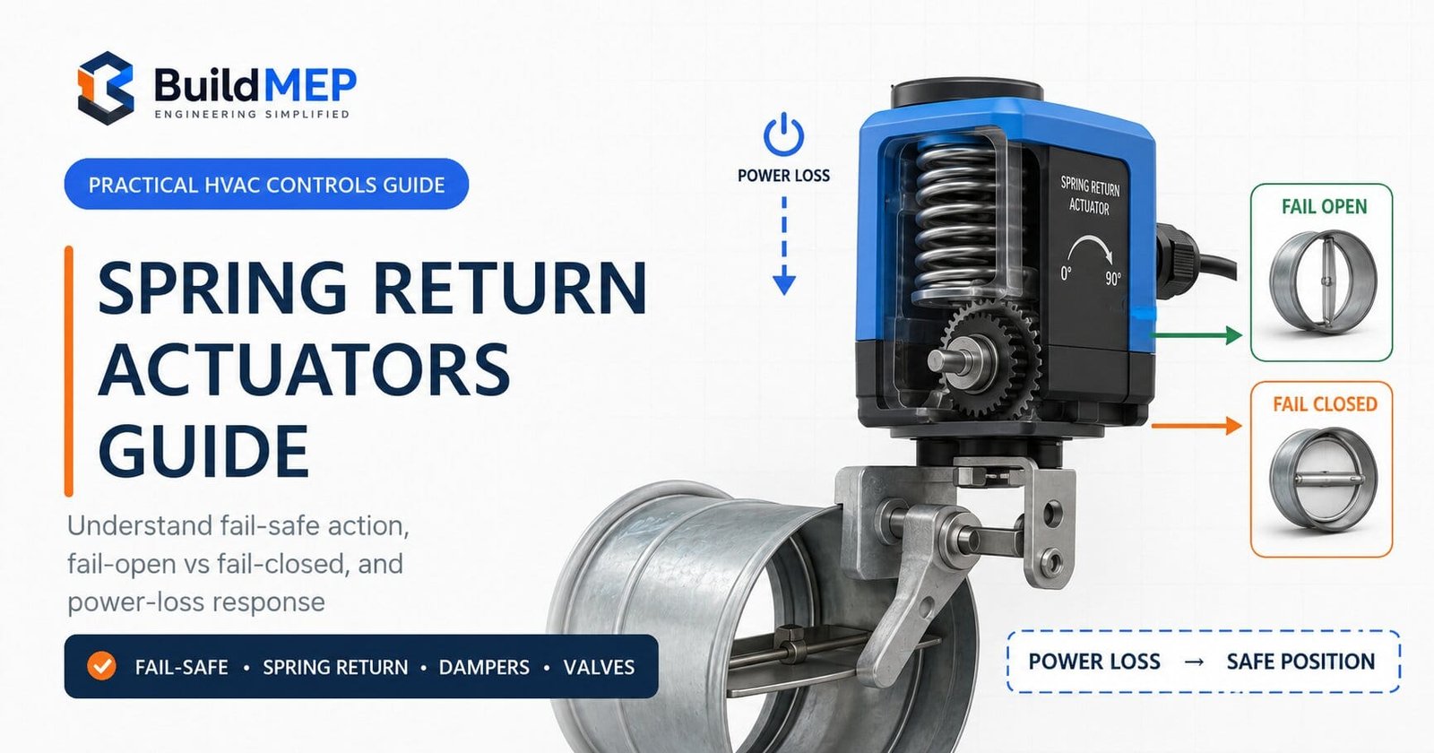 Spring return actuator guide showing fail-safe operation, power-loss response, fail-open and fail-closed damper positions in HVAC systems.