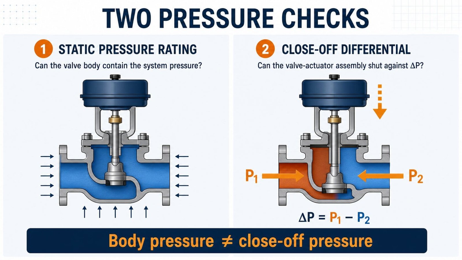 Diagram showing static pressure contained by an HVAC valve body and close-off differential pressure acting across the closed valve.