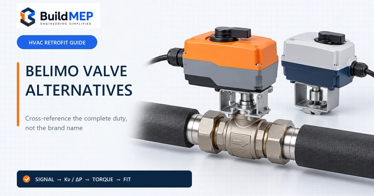 Two brand-neutral HVAC control actuators beside a hydronic ball valve assembly, illustrating a replacement checked by signal, hydraulics and mounting fit.