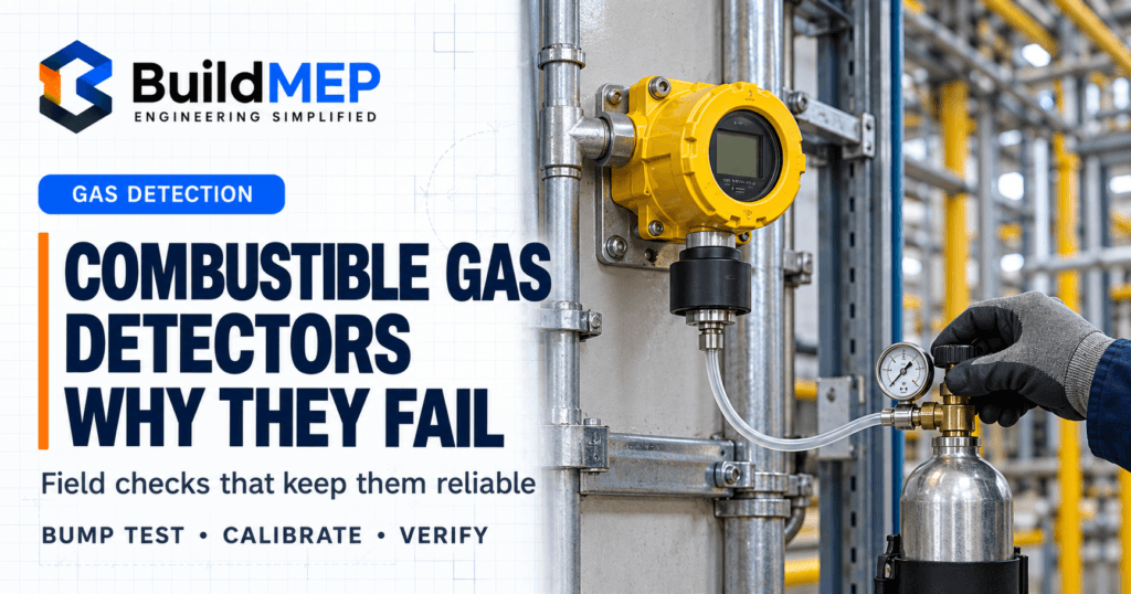 BuildMEP cover for “Combustible Gas Detectors: Why They Fail,” showing a fixed gas detector connected to a test gas cylinder.
