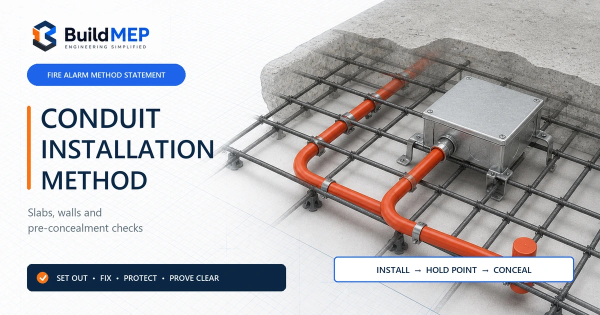 Reinforced-concrete slab cutaway showing secured fire alarm conduit and a junction box before the pre-pour inspection hold point.