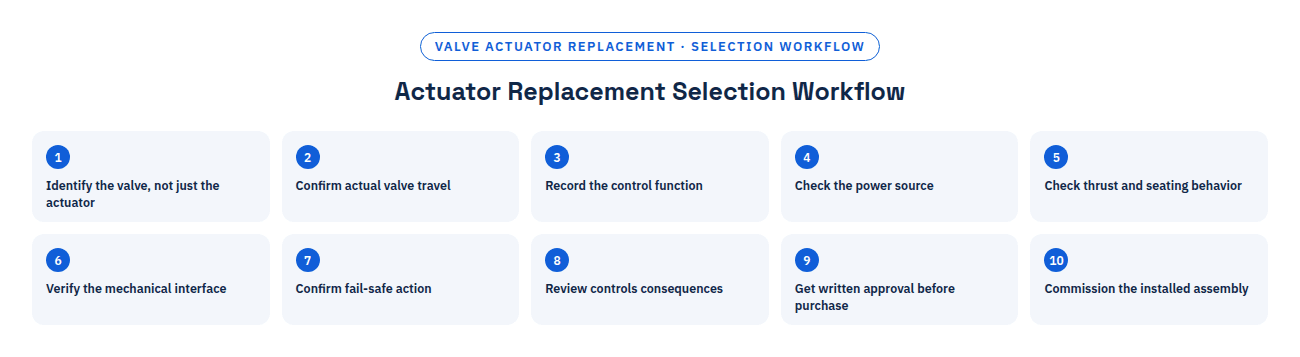 Actuator replacement selection workflow, 10 steps: identify the valve, confirm travel, record control function, check power source, check thrust, verify mechanical interface, confirm fail-safe action, review controls, get written approval, commission the assembly