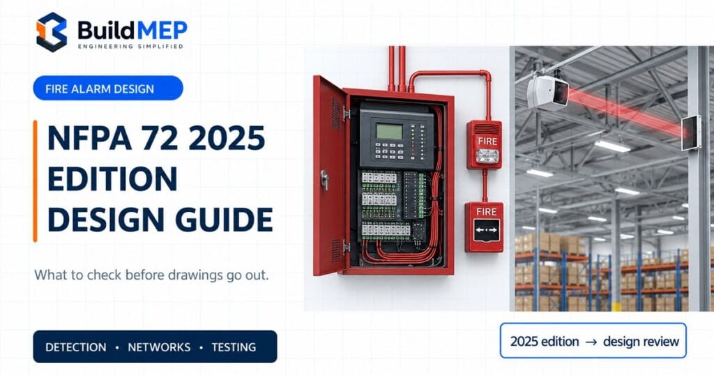 BuildMEP NFPA 72 2025 fire alarm design guide cover with fire alarm panel and warehouse beam detector