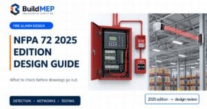 BuildMEP NFPA 72 2025 fire alarm design guide cover with fire alarm panel and warehouse beam detector