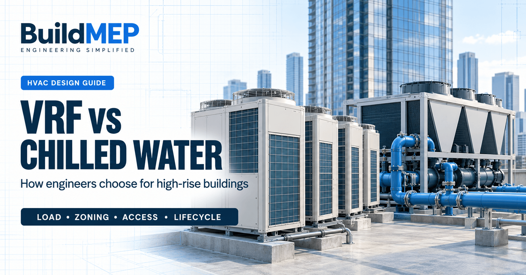 BuildMEP VRF vs chilled water guide cover showing VRF outdoor units and a chilled-water chiller beside a high-rise building.